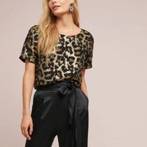 Anthropologie Hutch Leopard Print Metallic SS Sweater Top 66170